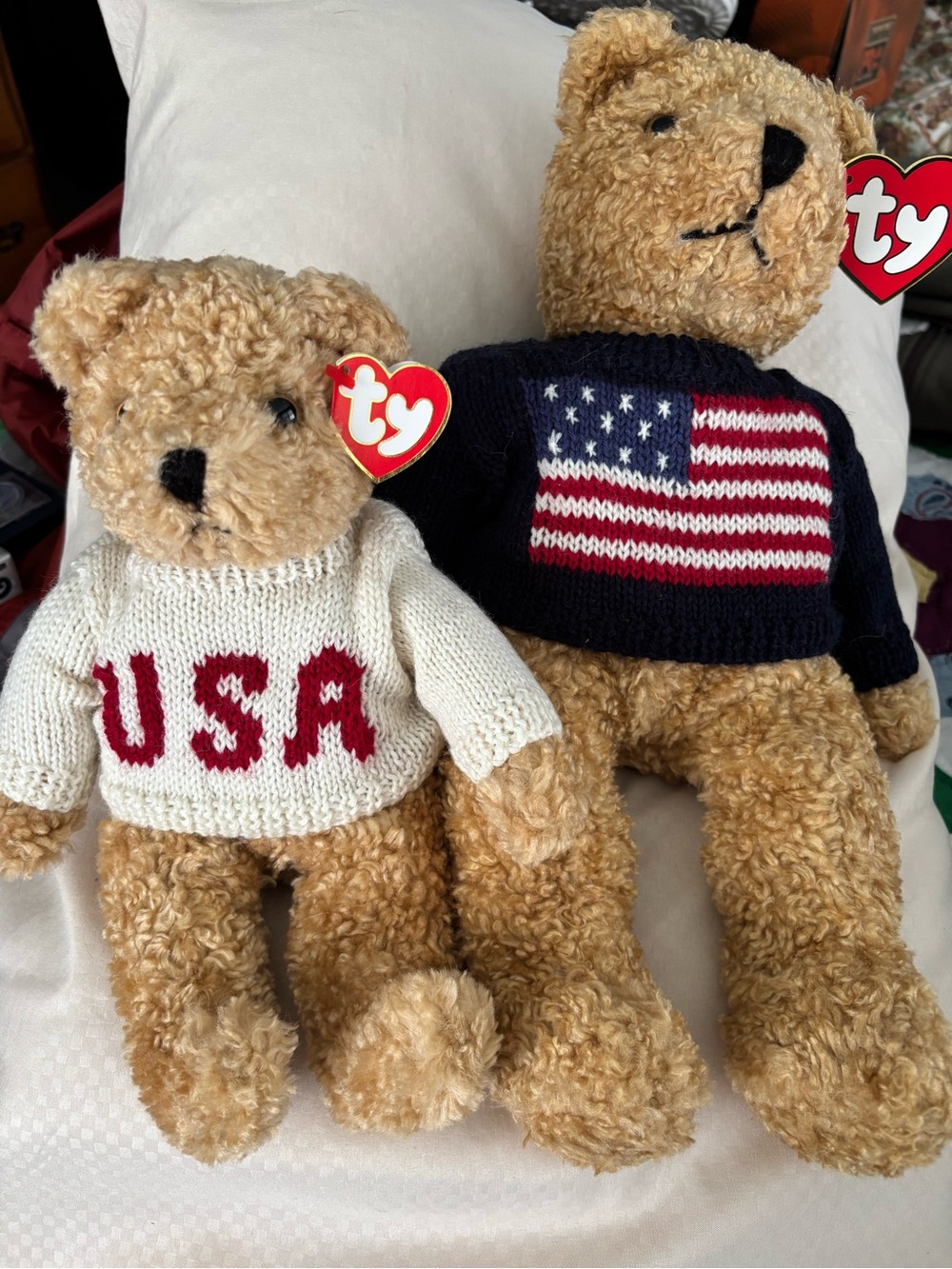 Ty Plush Bears Curly & Baby Curly with USA and Flag Sweaters